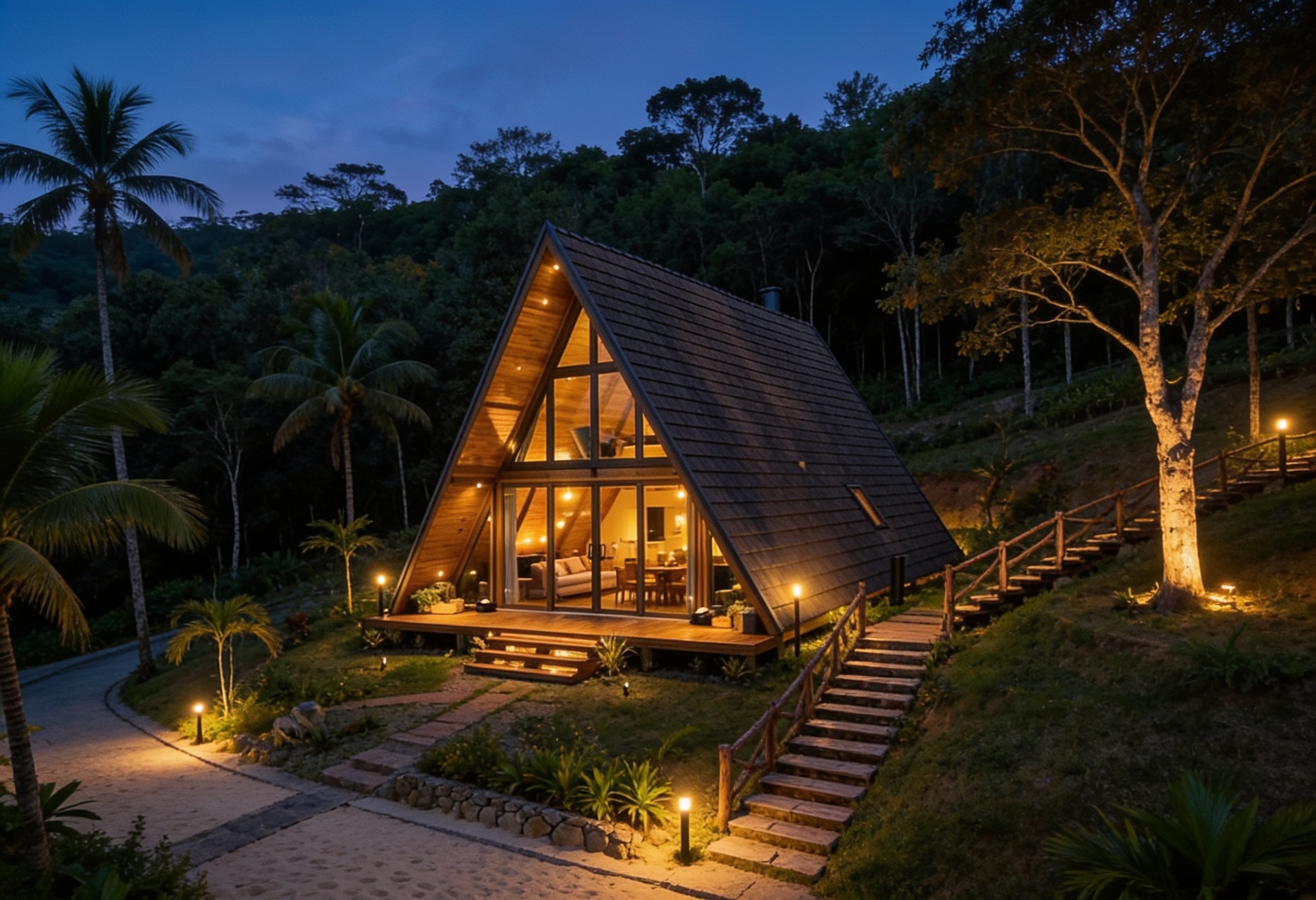Chalé A-frame iluminado ao anoitecer, integrado à mata